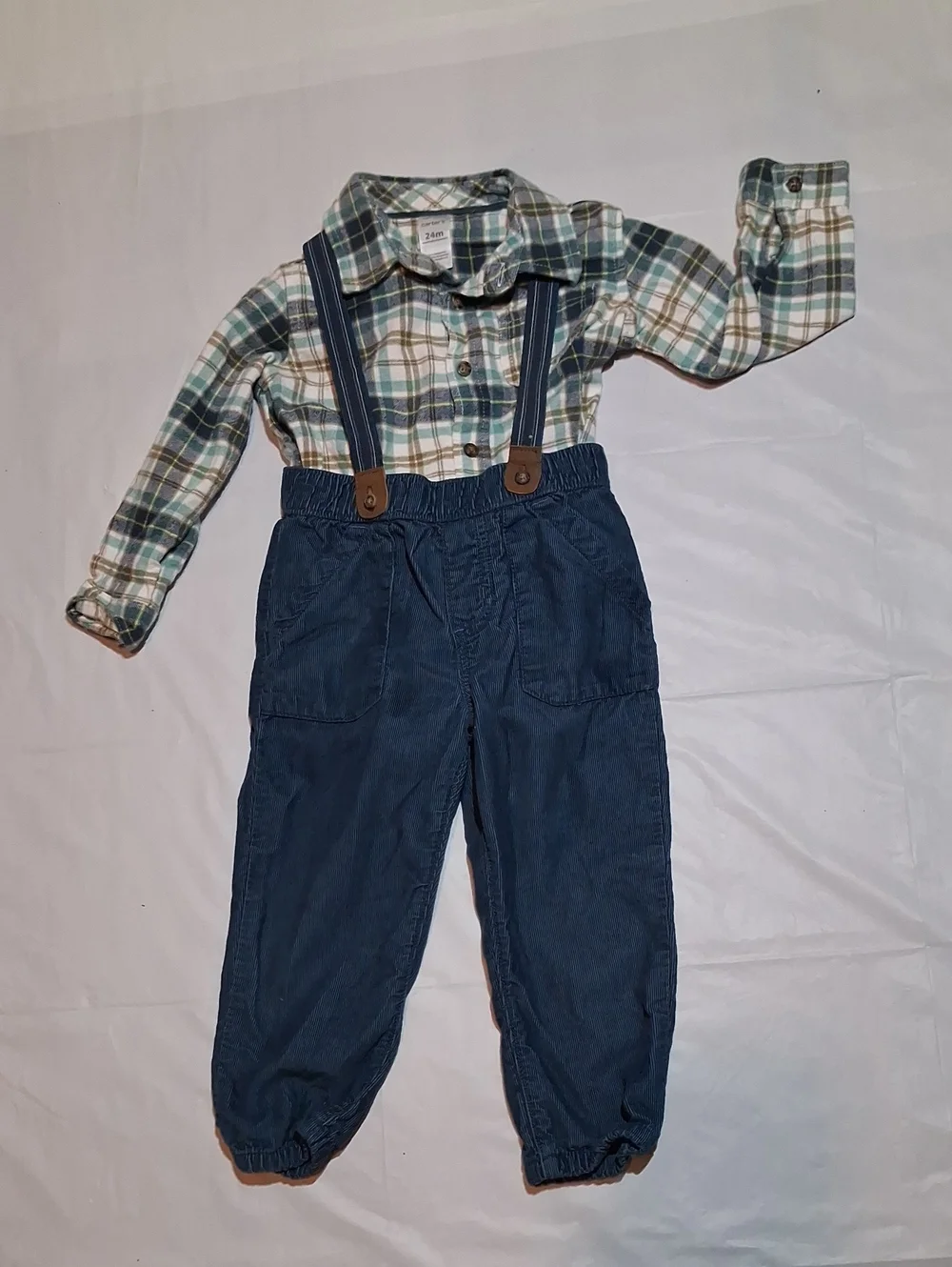 Carter’s 3pc Plaid Button Down & Navy Suspender Pants Outfit Set